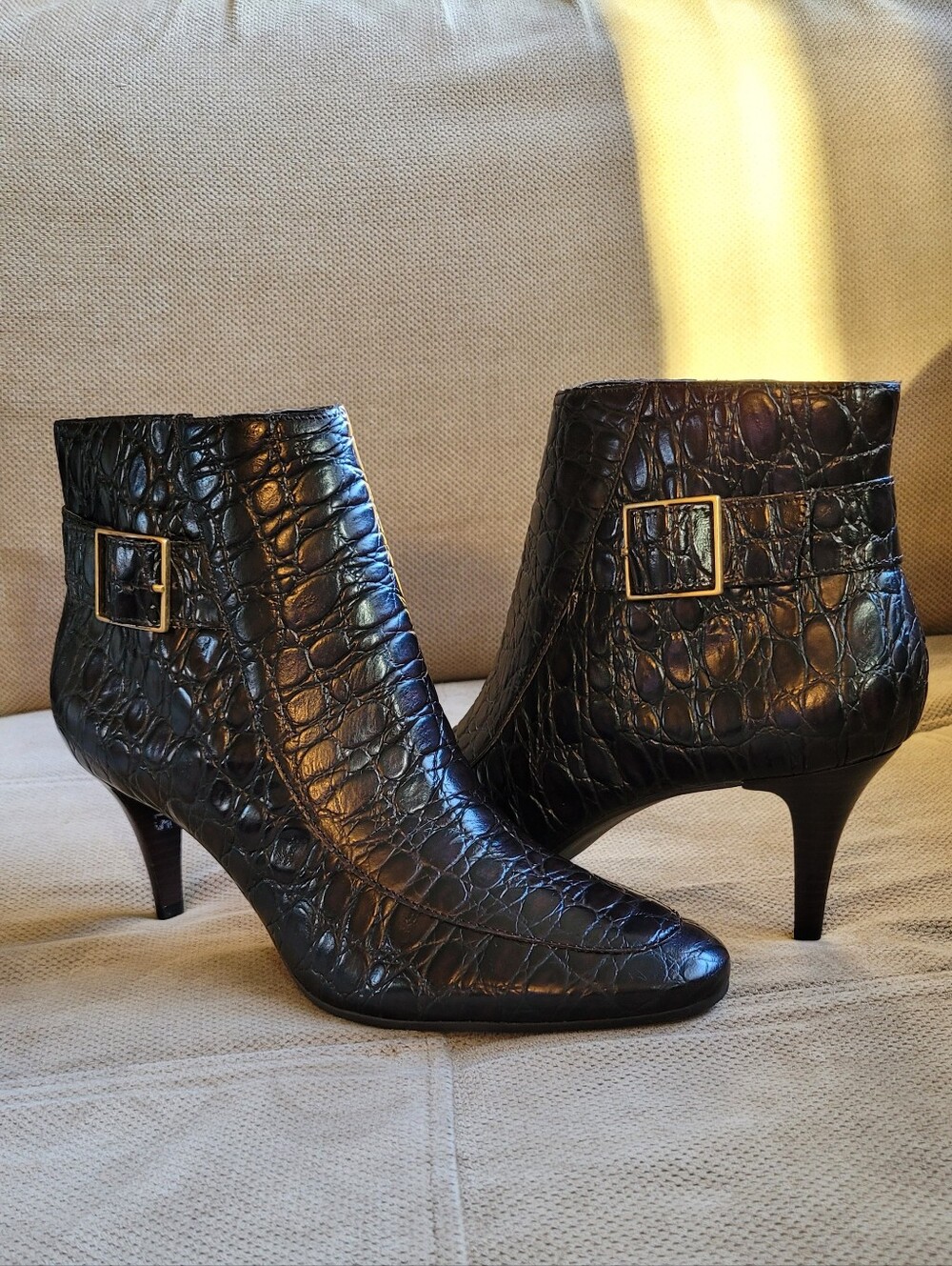 Leather Croc- Embossed Brown Zip Ankle Boots  Talbots